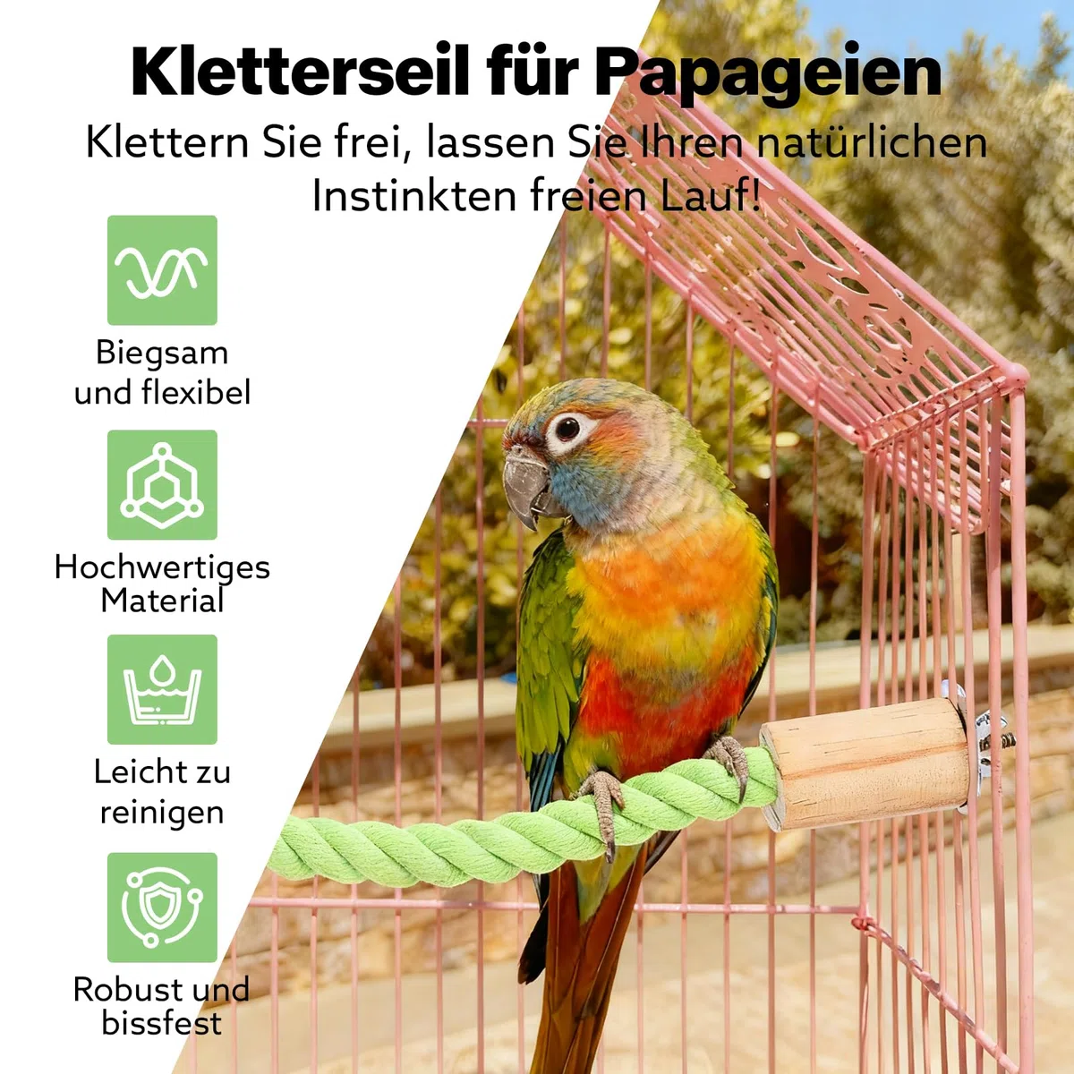 Lot de 2 cordes de chanvre pour oiseaux, 100 cm, accessoires de support de cage à oiseaux, renfort en fil de fer malléable, convient pour perroquets, perruches, calopsittes et plus encore