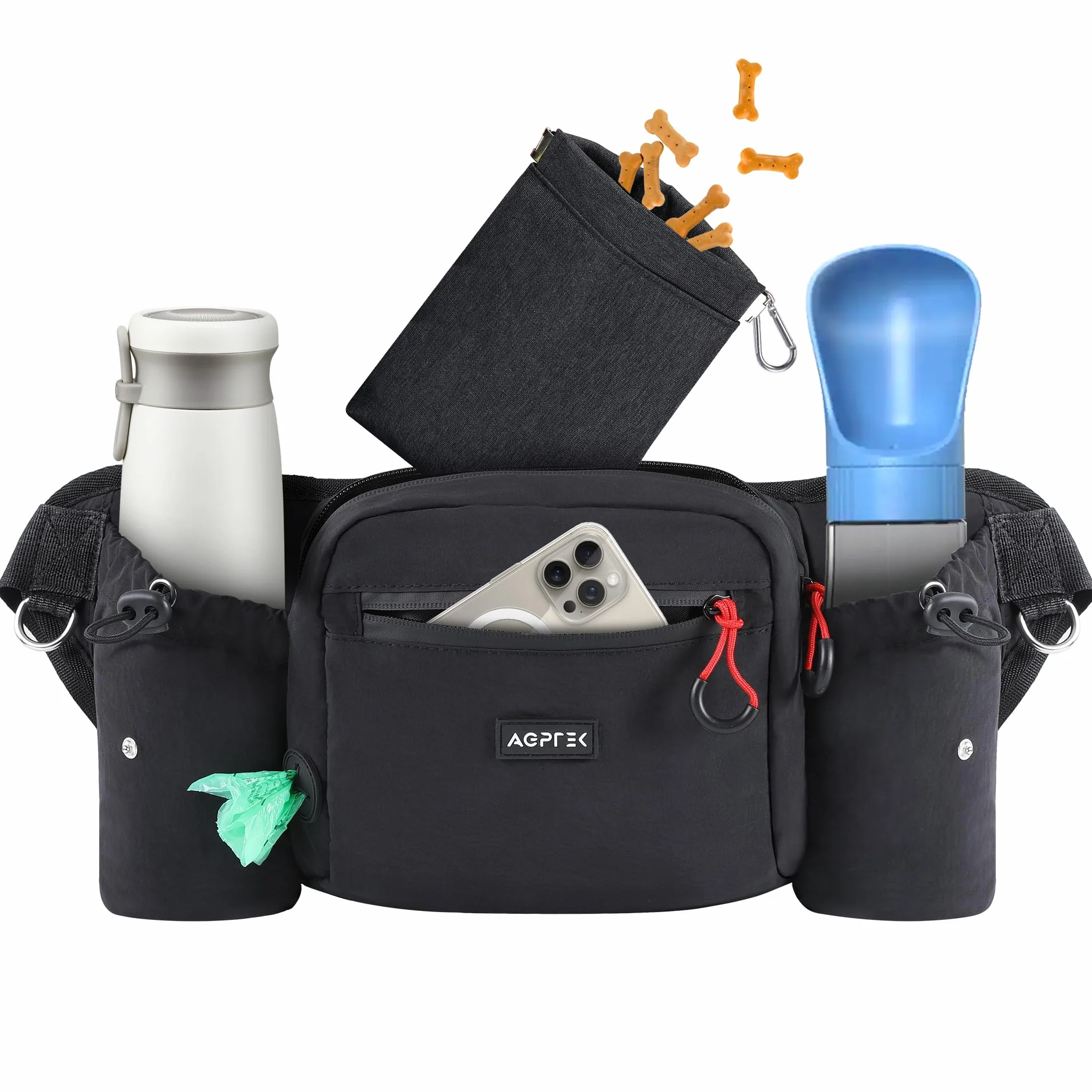 AGPTEK Sac à Friandises pour Chien, Sac Banane Grande Capacité Dressage Canin, Imperméable, Poche Amovible, Porte-Gourde, Distributeur de Sacs à Déjections, Fermeture Étanche, Sangle Ajustable, Noir