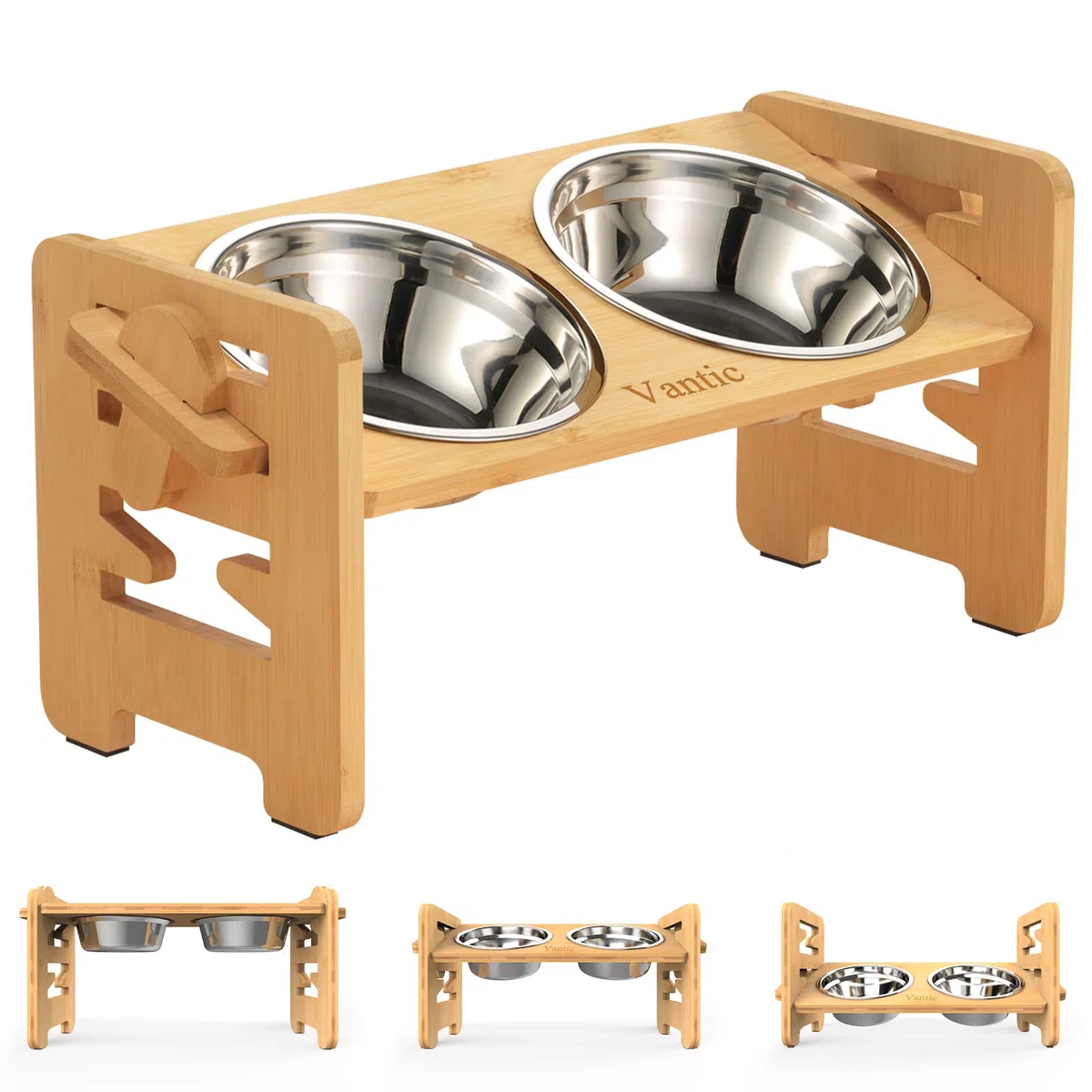 Vantic Gamelle Chien Surelevee de 6 Hauteurs Ajustables, Support Gamelle Chien Surelevee, Station d'alimentation en Bambou avec 2 Bols en Acier Inoxydable