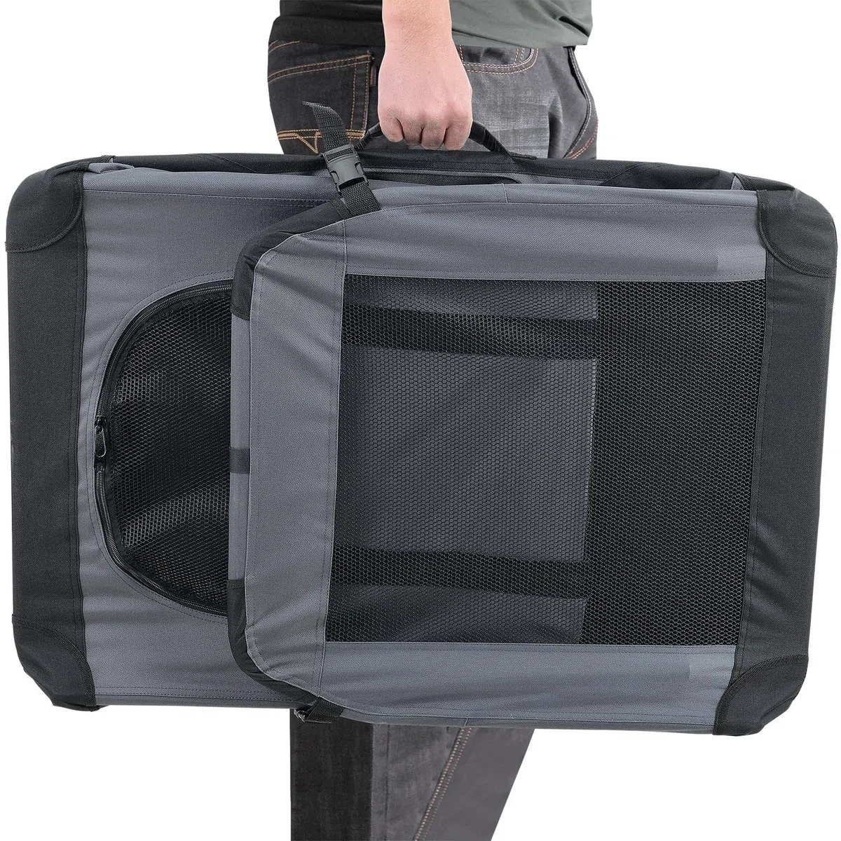 Cage de Transport pour Chien Box de Transport pour Chien Chenil Polyester Pliant Gris Taille L