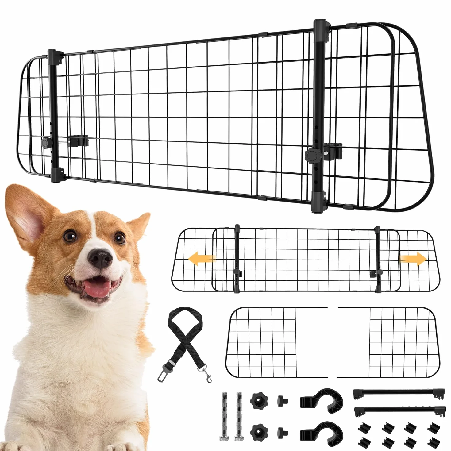 Herrselsam Grille de protection de voiture, pour chien, largeur réglable, grille de séparation pour coffre de chien, avec ceinture de sécurité, filet de voiture