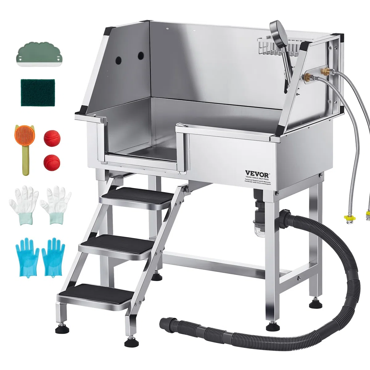 VEVOR Baignoire de Chien Acier Inoxydable, Baignoire de Toilettage pour Animaux de Compagnie 87 cm Station de Lavage Chat, avec Escalier à Gauche, Robinet, Pommeau de Douche, Porte-savon, Porte Gauche