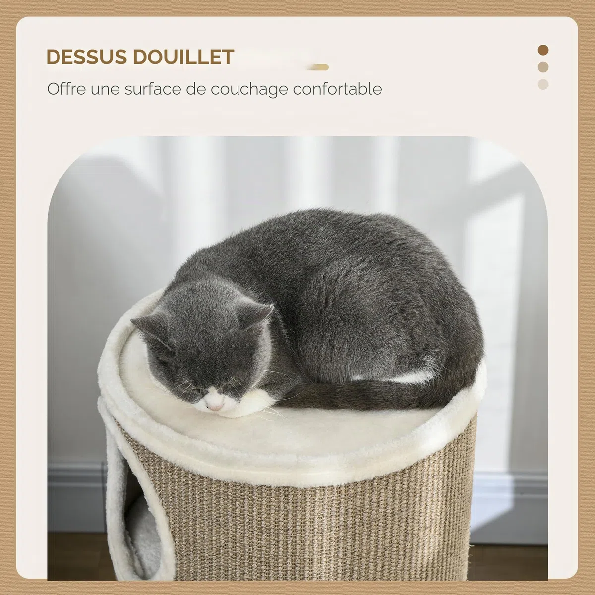 PawHut Tonneau à griffer, hauteur 70 cm, tonneau de jeu pour chats, 3 niveaux, arbre à chat avec 3 cavités, arbre à chat, tour à griffer en sisal, meuble pour chats, peluche, marron