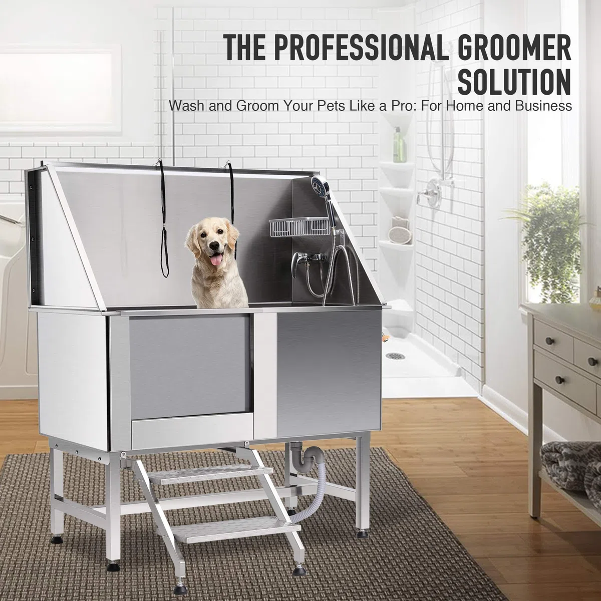 Baignoire pour Animaux de Compagnie, Baignoire de Toilettage en 304 INOX pour Chiens Chats de 118KG Max., Baignoire en 304 Acier Inoxydable pour Bain de Chien