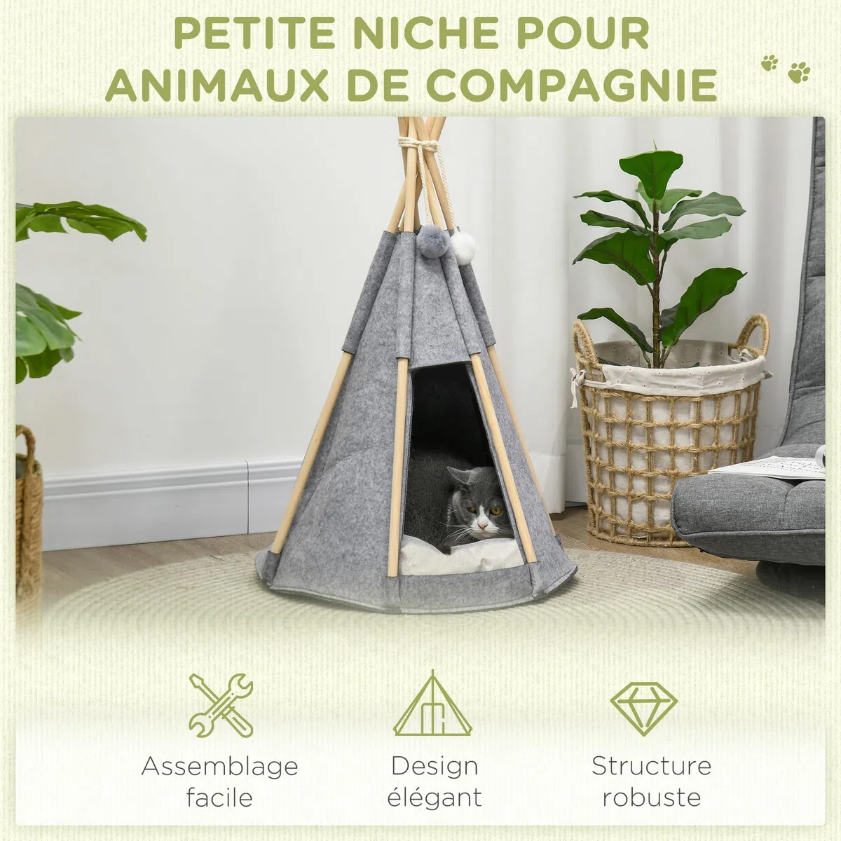 PawHut Tente tipi pour Animaux - Teepee Chat ou Chien - Coussin épais Grand Confort 2 Pompons Inclus - Maison Niche pour Chat Structure Bois de pin Feutrine Peluche Gris