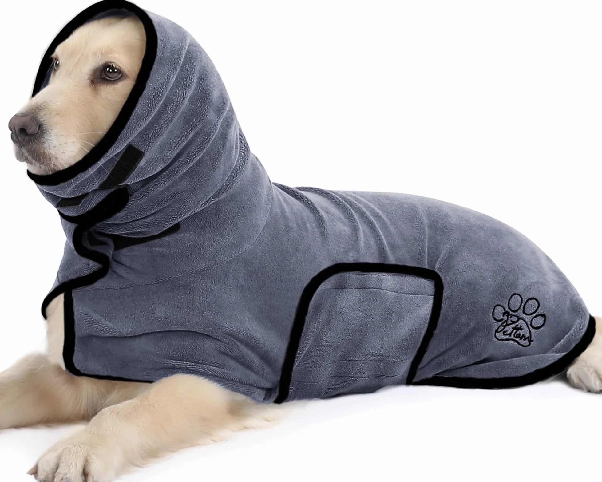 PETTOM Peignoir Chien Microfibre Super Absorbante Réglable, Serviette Bain Chiens avec Col Montant pour Séchage Rapide après Bain, Piscine, Plage et Pluie (Gris L)
