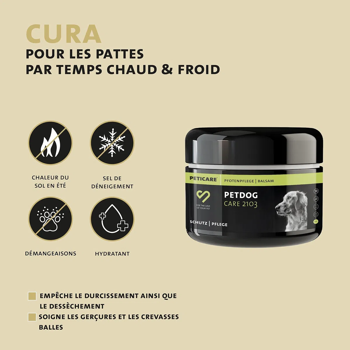 Peticare Chien Baume pour Pattes - Soin de Protection en Cas d'inflammation, Protege Coussinet gerce ou Fragile, Évite durcissement, Protection Contre Sel en Hiver, Pommade Creme - petDog Care 2103