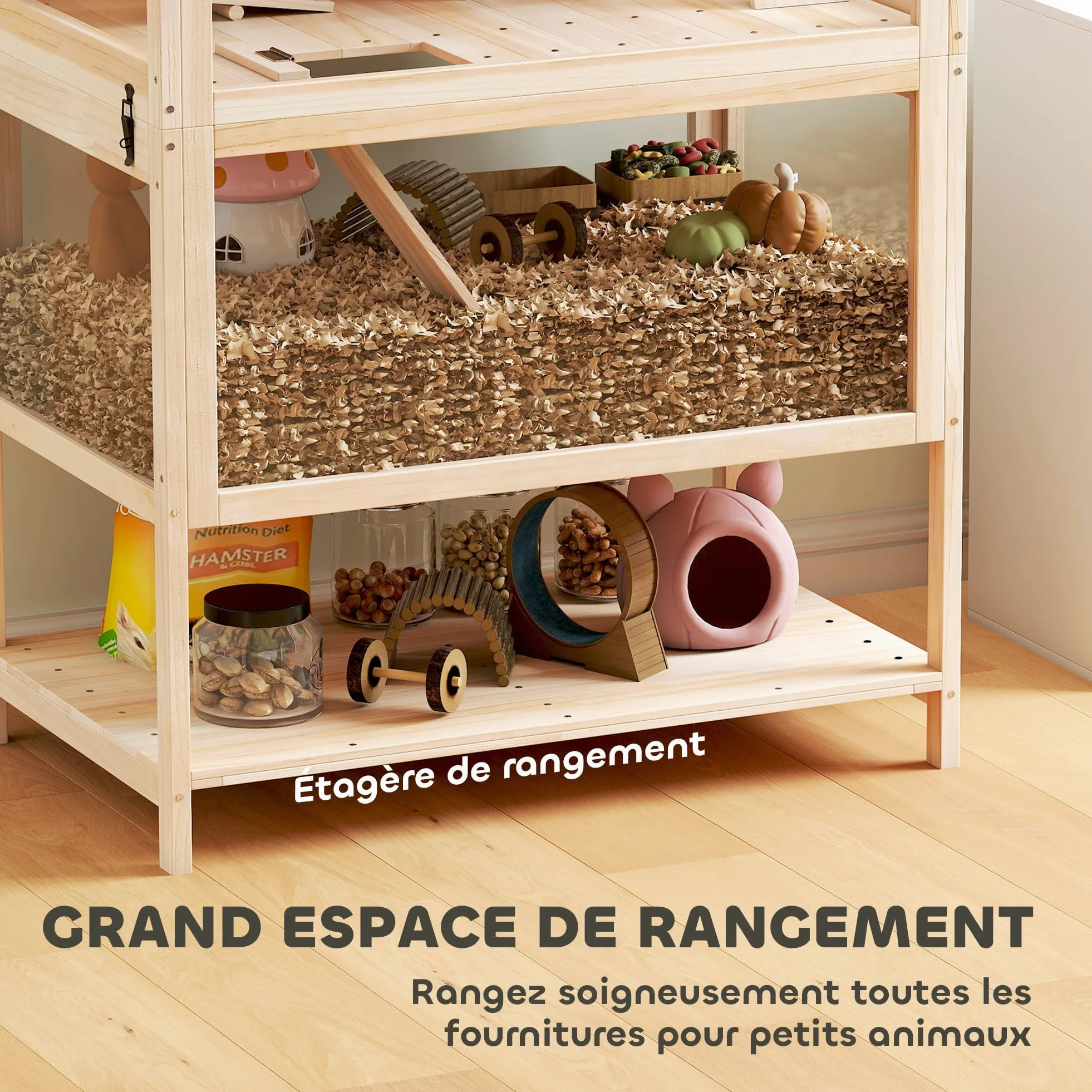 PawHut Cage pour Hamster en Bois XXL - Habitat pour Rongeur 3 étages avec Panneau Acrylique et Roue - Maison Petit Animal de Luxe avec Accessoires et étagère de Rangement, 80x53x117cm, Effet Bois