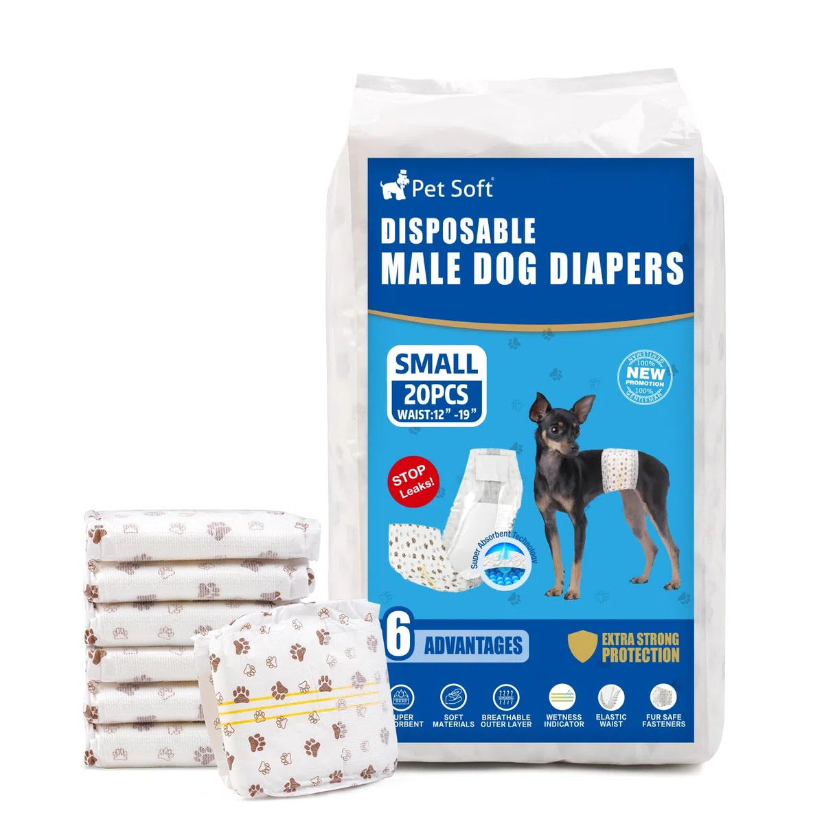 Pet Soft Couche Chien Male, Lot de 20 Couches Jetables pour Chiens Male, Super absorbantes Couche pour Chien Incontinent avec Indicateur d'humidité (S-20 Unité)
