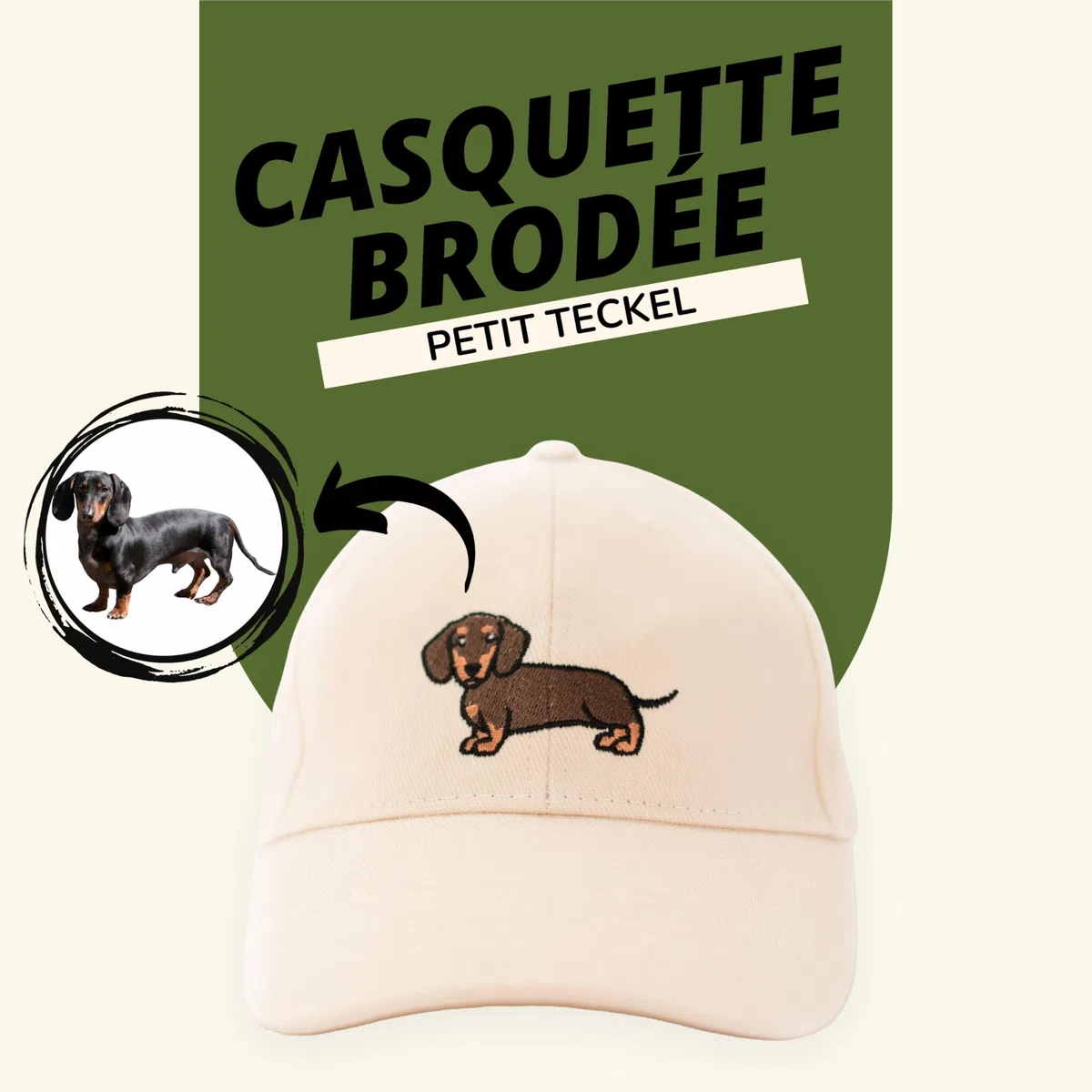 Casquette Beige Brodée avec Teckel – 100% Coton Bio | Cadeaux pour Amoureux des Chiens