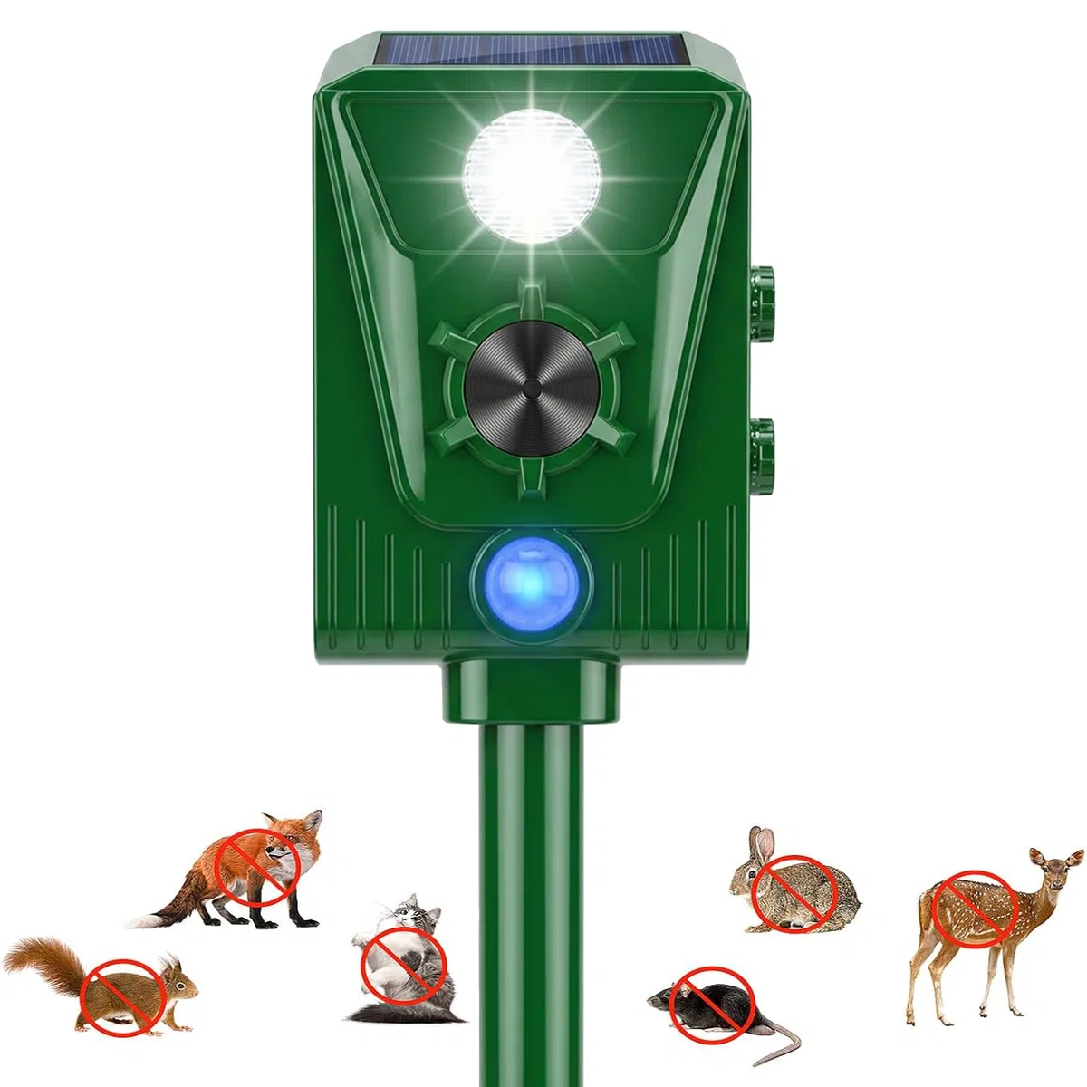 EMS Répulsif pour Chats,répulsif à ultrasons à énergie Solaire IP66 étanche à fréquence réglable pour éloigner Les Animaux, 5 Modes réglable, pour Animaux à ultrasons Vélo