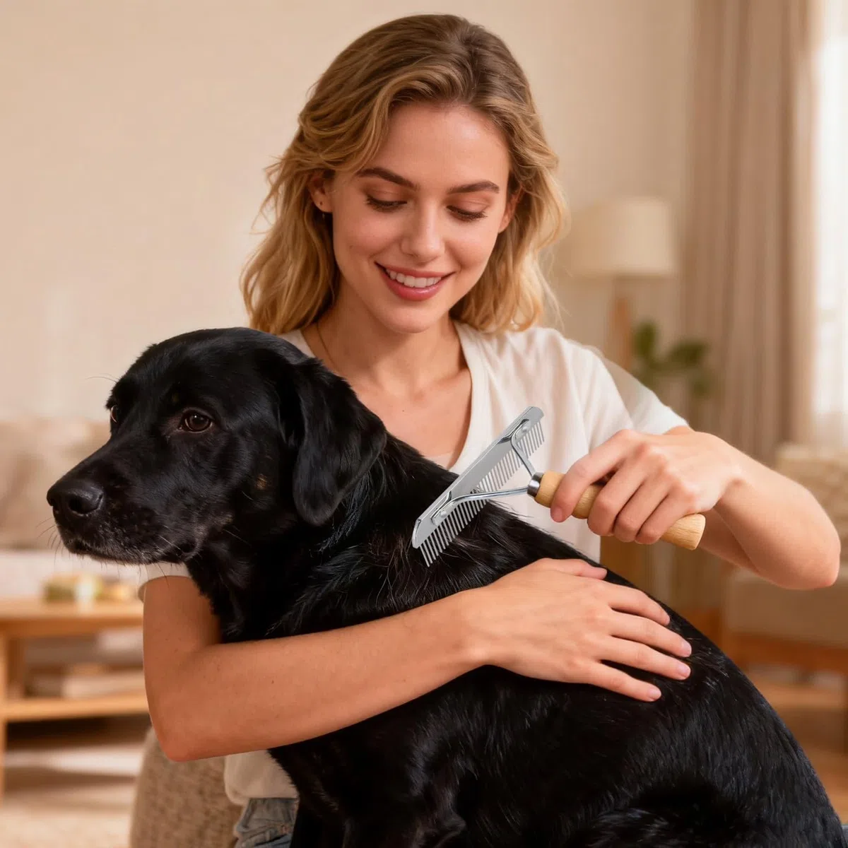 Ordermore Râteau à dents longues pour chien avec manche en bois antidérapant, peigne en acier pour poils longs