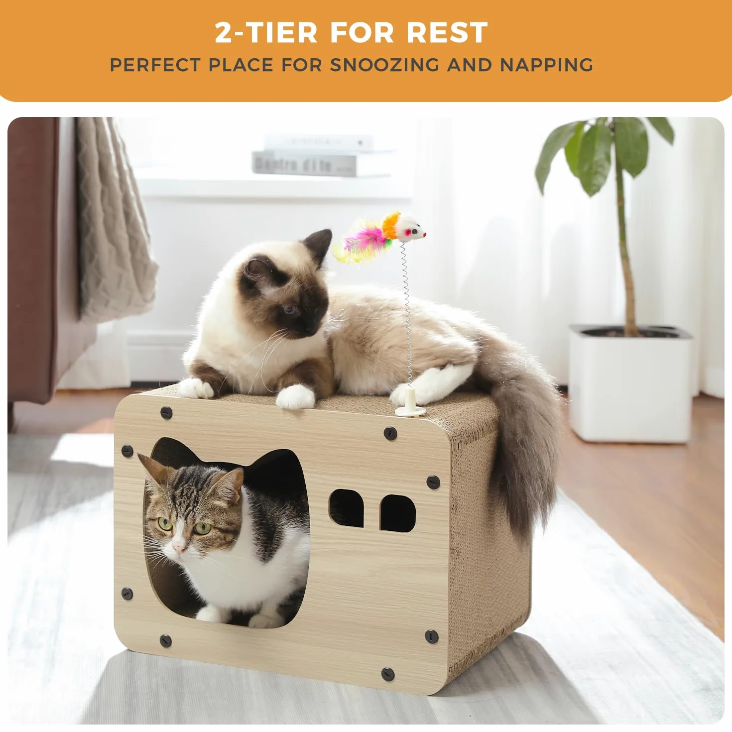 PETEPELA Griffoir pour Chat, Griffoir à Gratter en Carton Ondulé Multifonction 2 en 1, Robuste & Réversible avec Jouet Souris à Ressort, Idéale pour l'Amusement des Chats d'Intérieur (40cm)