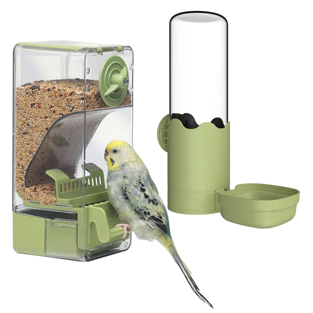 Mangeoire Automatique et Distributeur d'eau pour Oiseaux, Mangeoire à Cage à Oiseaux avec Perruche Canari Calopsitta Pinmon (Vert)