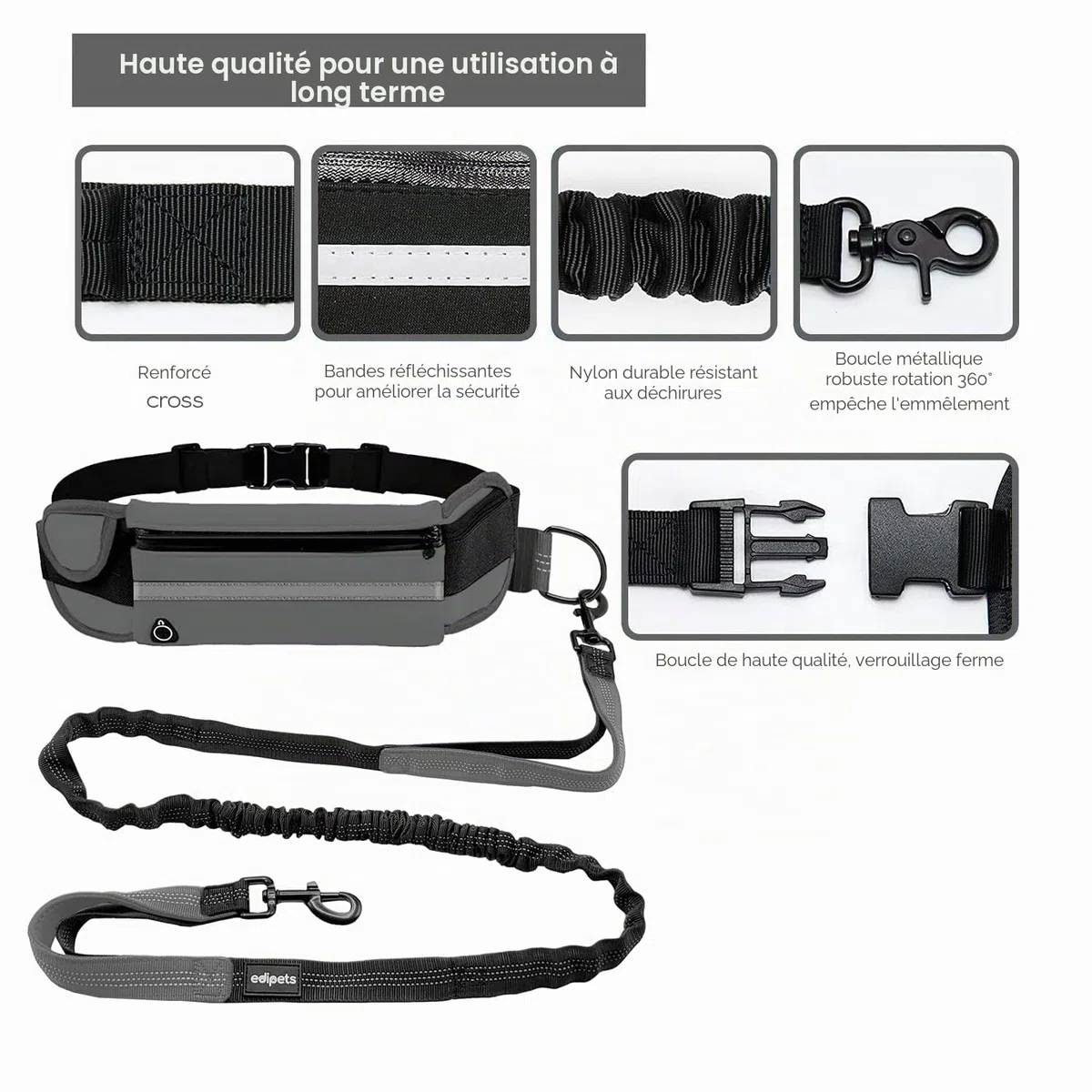 Edipets, Laisse Canicross, Main Libre Chien, pour Ceinture, Running, Anti-tirons, réfléchissant, 160-220 cm (Gris)