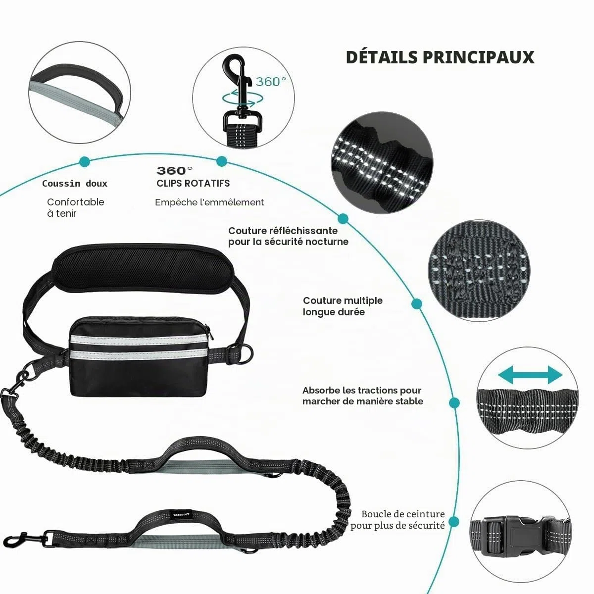 Laisse Mains Libres pour Chien avec Pochette, Double pour Deux Chiens, Laisse rétractable avec Double poignées rembourrées, montée à la Taille pour la Course, la Marche, Le Jogging (Noir/Gris)