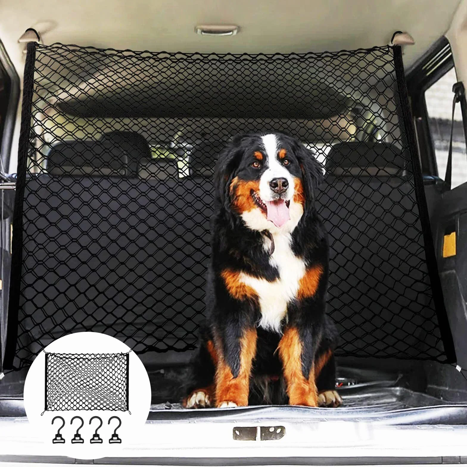 GOMETY Grille de protection voiture barrière filet de séparation, grille pour chiens pour coffre, 120x90 cm, double couche polypropylène avec 4 crochets, universelle pour chiens, filet de séparation