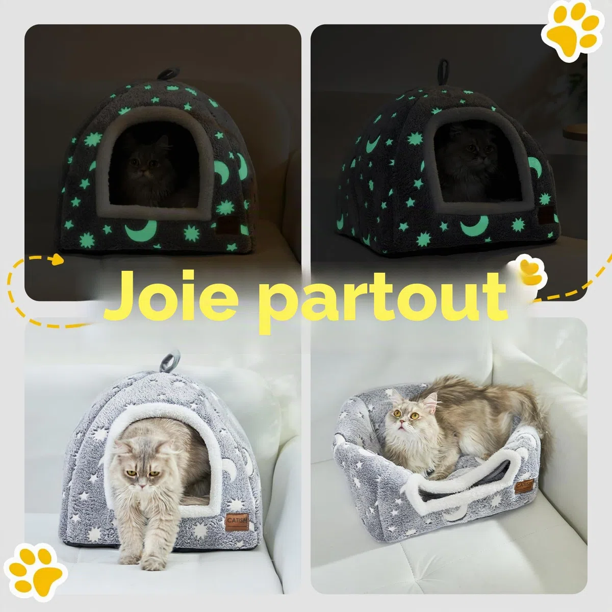 CATISM Lit pour Chat Phosphorescent - Lumineuse Niche pour Chat d’intérieur, Pliable Lavable Maison Chats avec Coussin Amovible, Fond Antidérapant, 40 x 40 x 38 cm