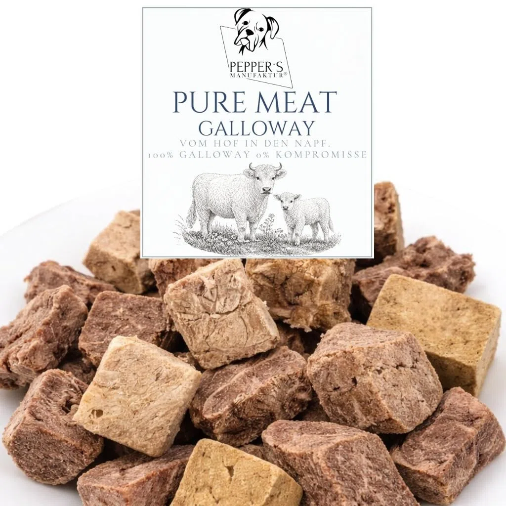 Pepper's Manufaktur Pure Meat Galloway - 100% Bœuf Galloway pour Chiens - Lyophilisé - Friandises à la Viande et Source de Protéines - sans Additifs - Hypoallergénique - Monoprotéine