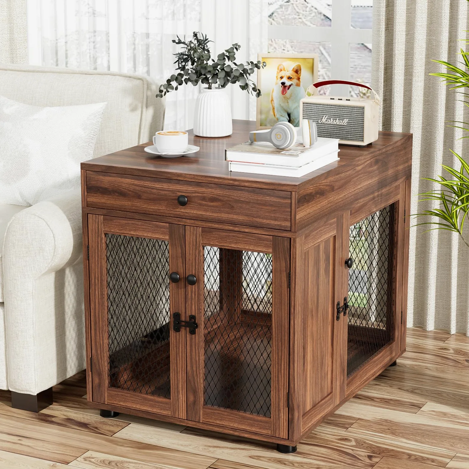 VOWNER Cage pour chien - Meuble d'intérieur - En bois - 3 portes - Avec tiroir - Niche moderne comme table d'appoint - 60 x 80 x 69 cm - Pour les chiens de petite/moyenne taille à la maison de moins