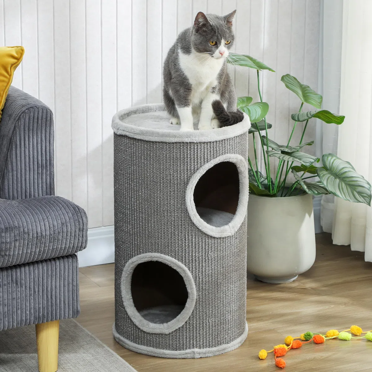 PawHut Arbre à Chat, 60 cm de Haut, Ø 35 cm, Deux étages avec 2 niches, Bordure en Peluche, Tour pour 1 à 2 Chats jusqu'à 5 kg, Gris Clair