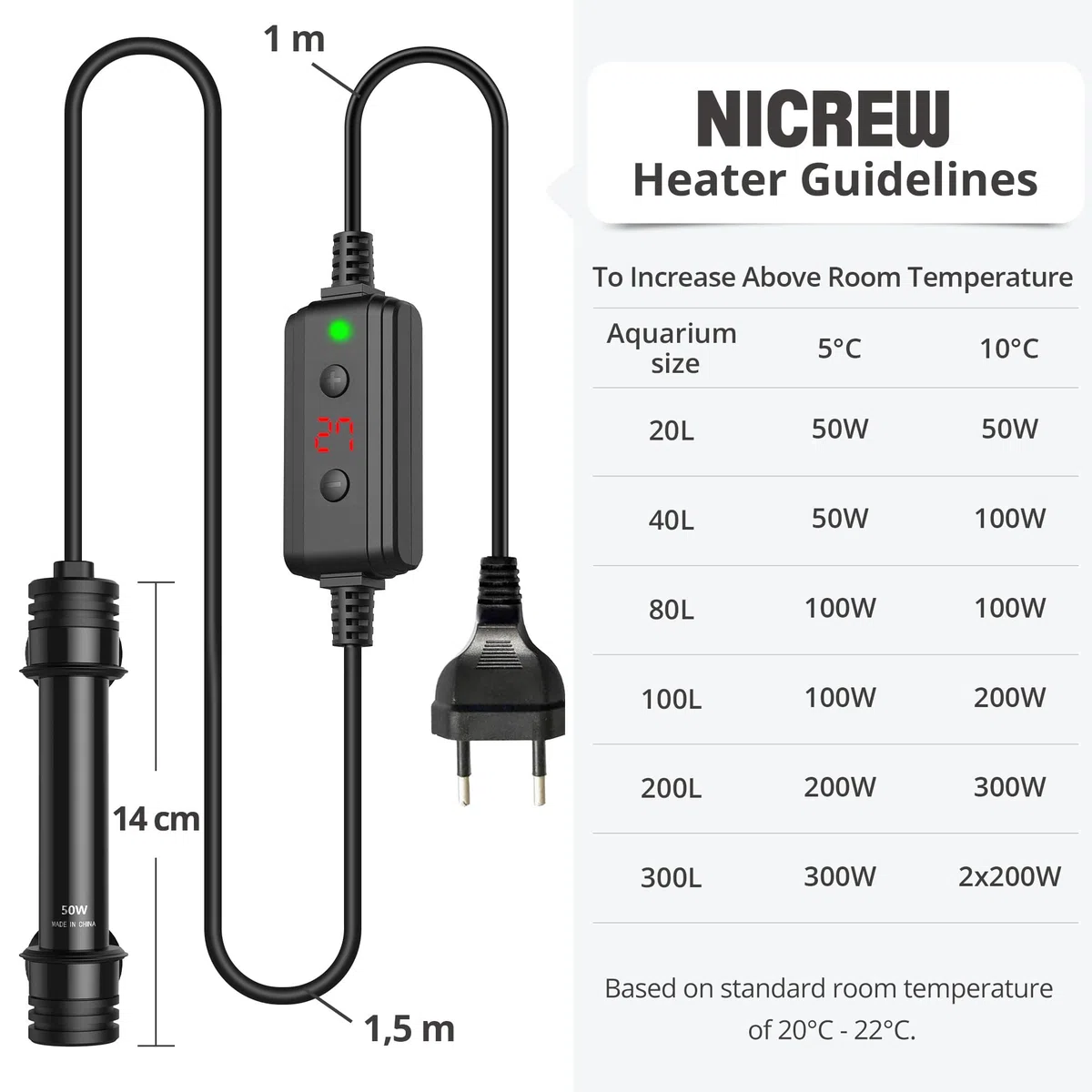 NICREW Chauffage d'Aquarium 50 W, Température Réglable de 15 à 35 ℃, pour Aquarium jusqu'à 40 L, Protection Contre la Surchauffe