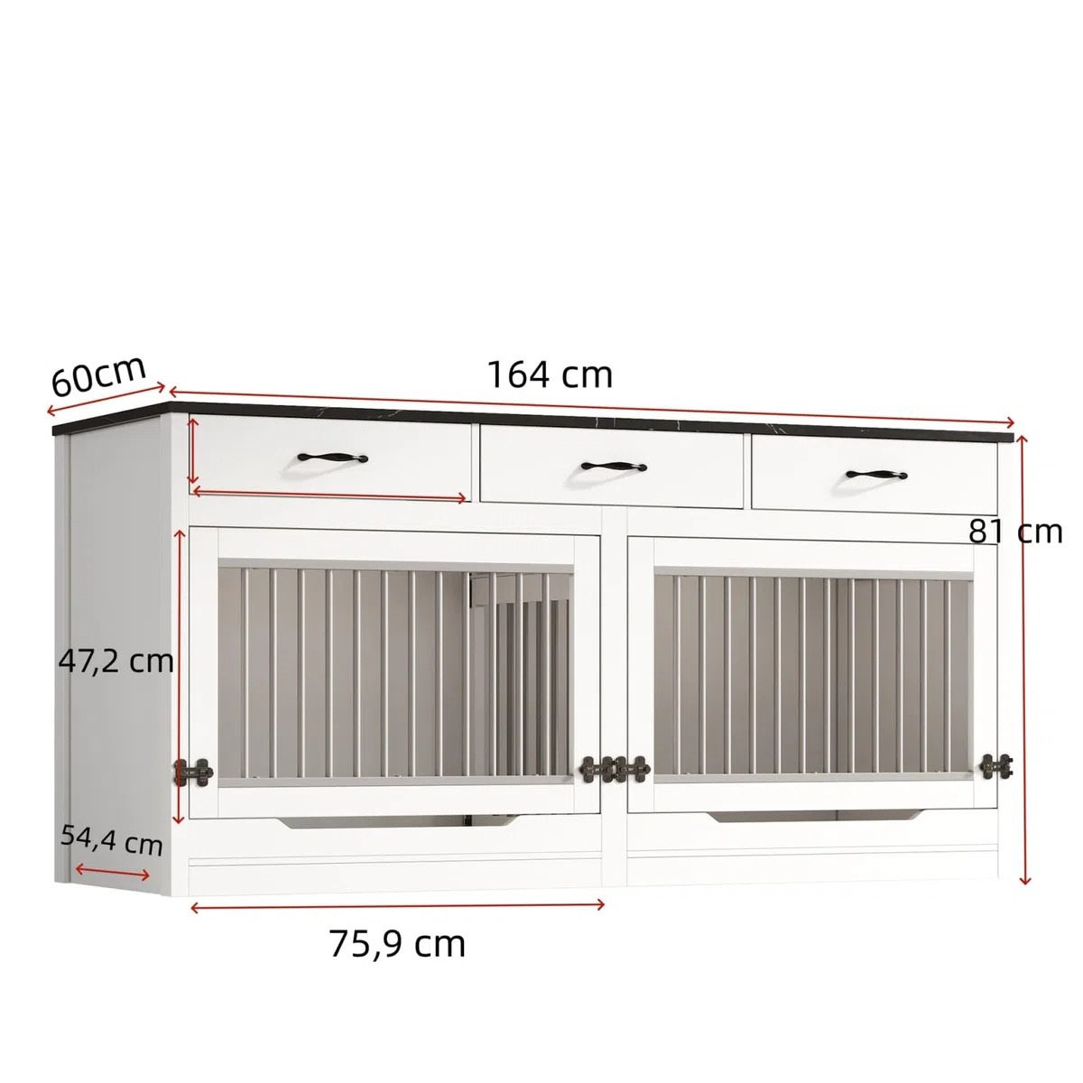 Cage pour Chien XXL 164×60×81cm,Niche/Cage Chien Interieur,Buffet avec Couvercle Supérieur à Rabat,étagère Amovible,3 Tiroirs,pour 2 Chiens (Noir Blanc)