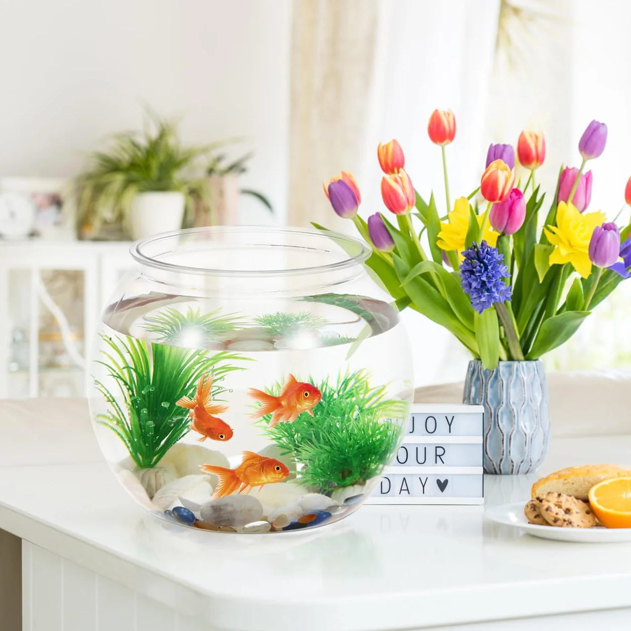 Mipcase Aquarium Rond Transparent en Pet Petit Aquarium De Bureau 8L Bocal À Poissons Résistant Aux Chocs pour Décoration De Maison Et Bureau 8.1X8.1X7 Pouces