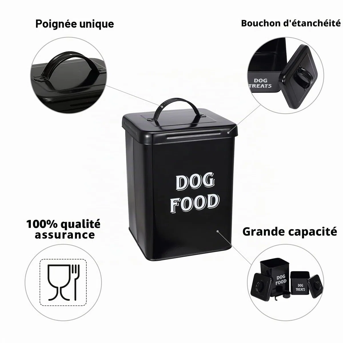 Morezi Lot de boîtes de nourriture et friandises pour animaux de compagnie avec pelle pour chats ou chiens – Acier carbone avec revêtement en poudre crème – Couvercles hermétiques – Boîtes de