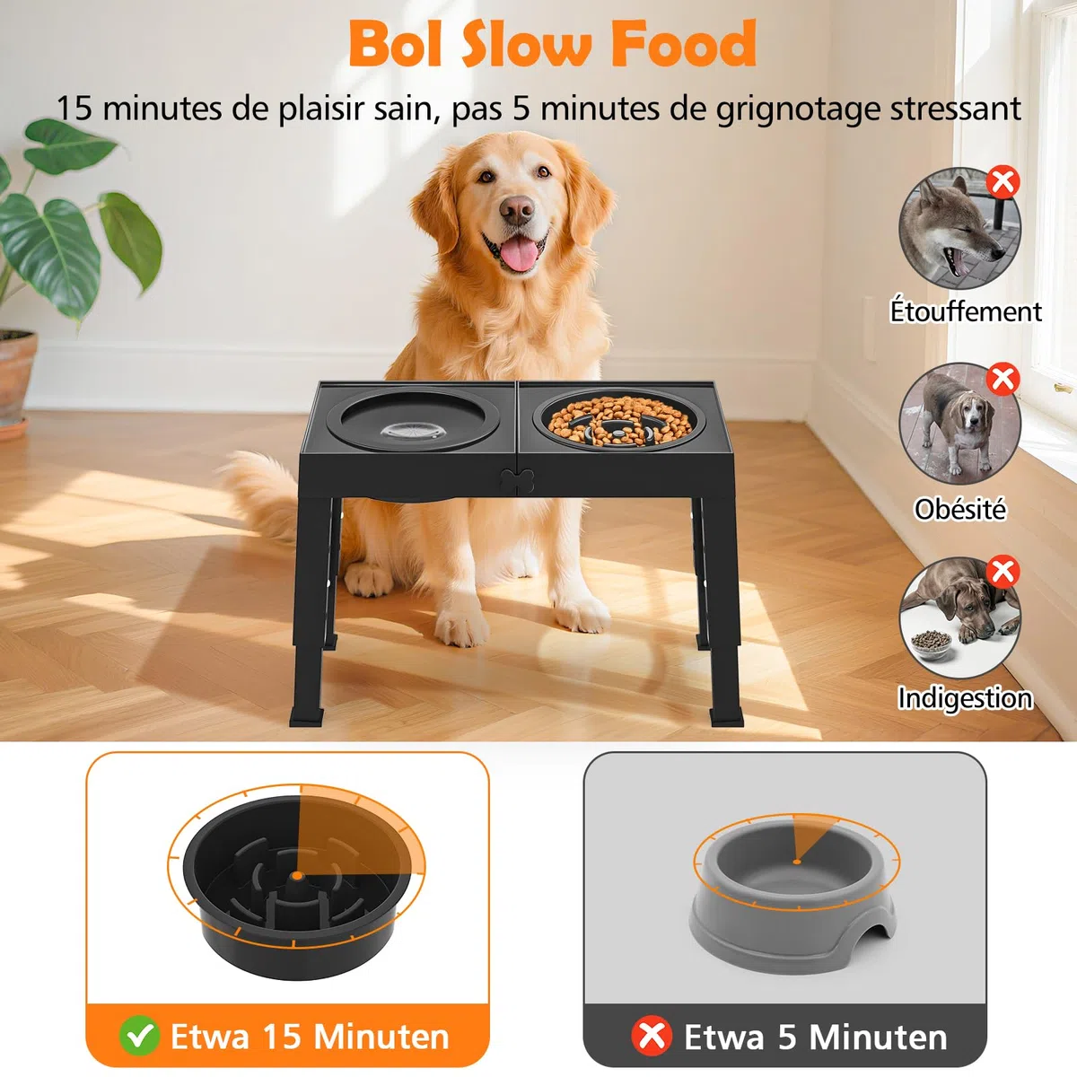 X XBEN 3-in-1 Gamelles Surélevées de 5 Hauteurs Ajustables, Gamelle pour Chien avec 1L Gamelle Anti-Glouton et 1,4L Anti-éclaboussures, Antidérapant, pour Chien de Taille Moyenne et Grande