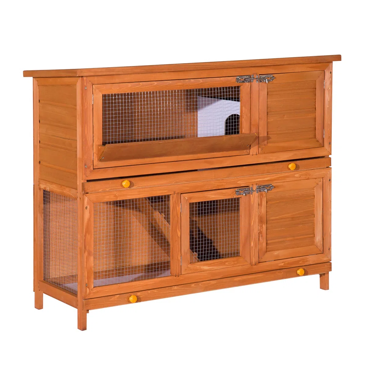 PawHut Cage à Lapin de Grande Taille en Bois de pin avec 2 étages, Toit ouvrant, râtelier à Foin, poulailler clapier dim. 120L x 48l x100H cm