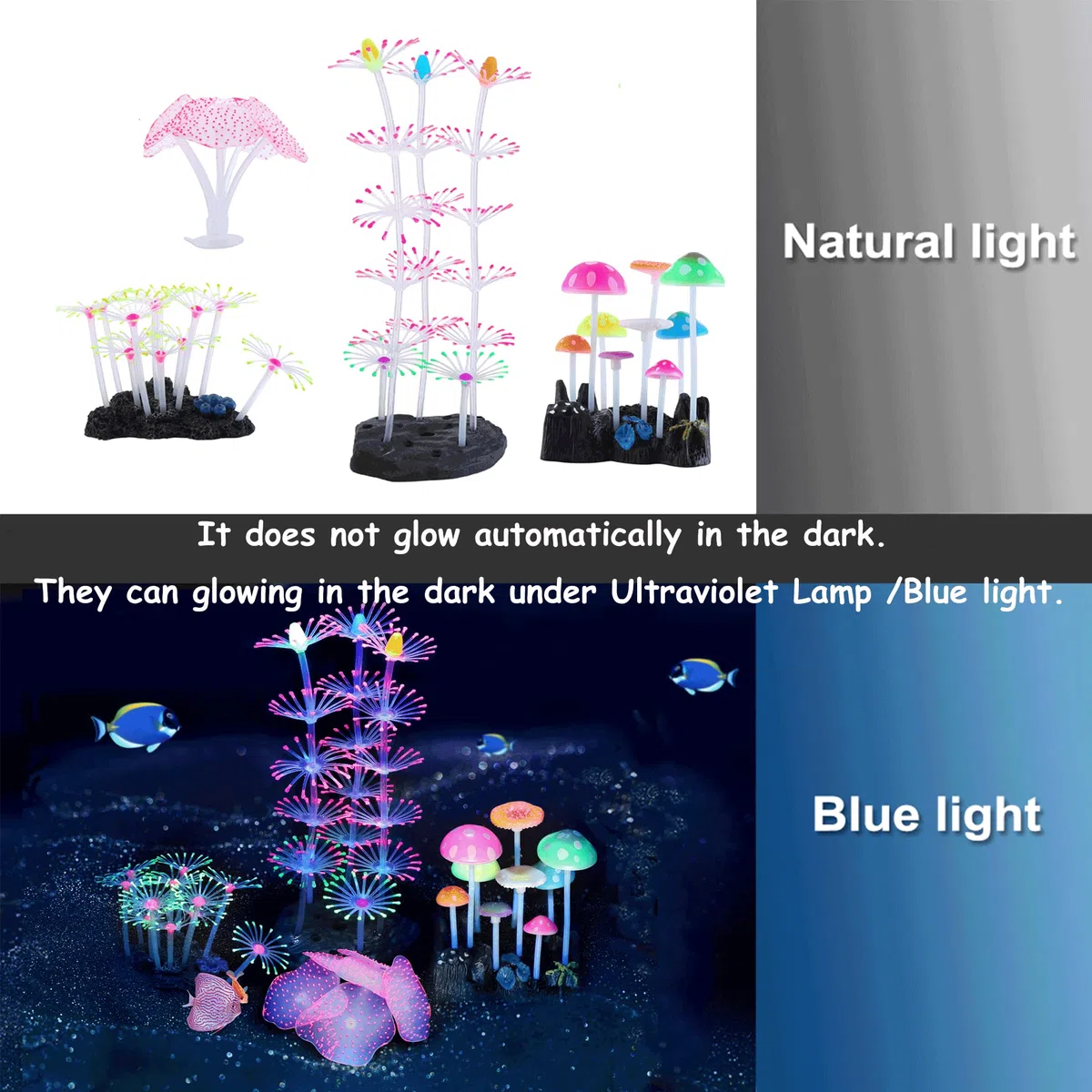 Mangsen Lot de 4 décorations d'aquarium phosphorescentes en Silicone pour décoration d'aquarium - Récif de Corail - Champignon et anémone