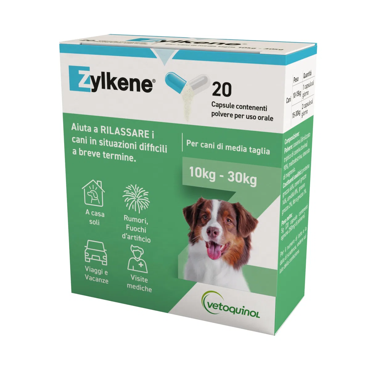 Zylkene Complément Alimentaire | Chiens de Taille Moyenne (10-30 kg) 225 MG | Favorise la Relaxation dans Les Situations d'inconfort à Court Terme : bruits forts, visites vétérinaires | 20 gélules