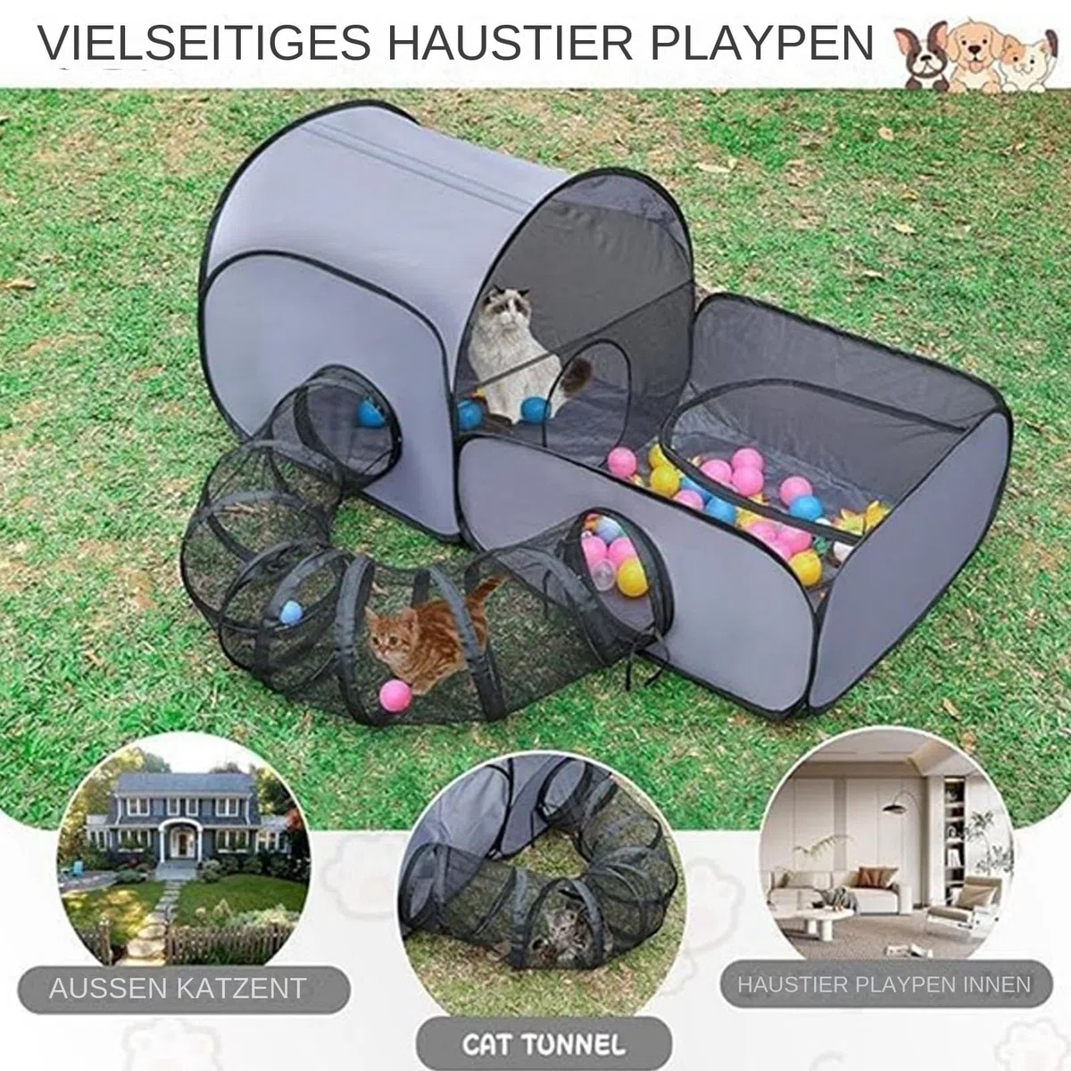 Parc d'extérieur pour Chat - Enclos pour Chat - pour l'extérieur - avec Design Portable - Maison de Jeu Interactive avec Tunnel - Accessoire Portable pour Animaux de Compagnie pour Chiots et Petits