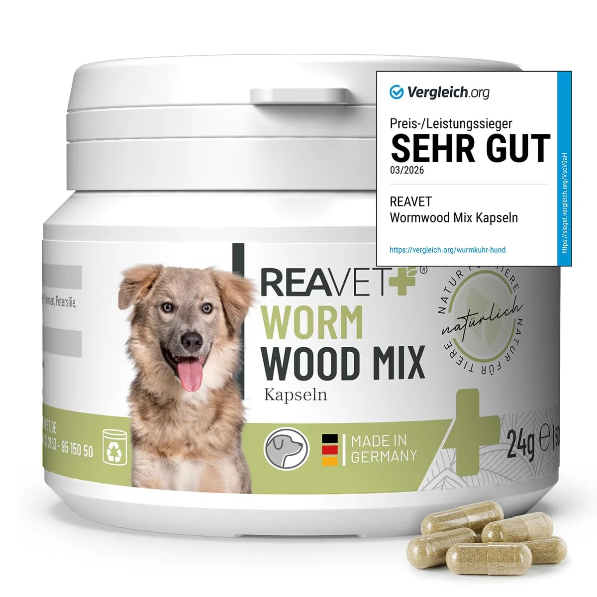 ReaVET Lot de 50 gélules d'herbes vermifuges secondaires pour chiens - Formule naturelle végétale - Vermifuge secondaire - Sans anthelminthique