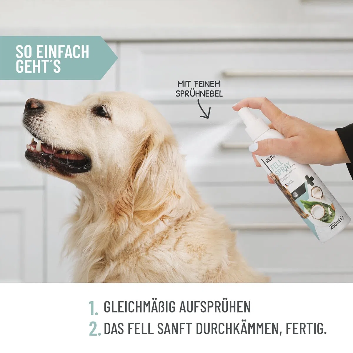 ReaVET Spray d'entretien pour le pelage à la noix de coco 250 ml – Spray doux pour chiens et chats – Spray démêlant & aide au peignage – Avec spray de coco et huile de coco