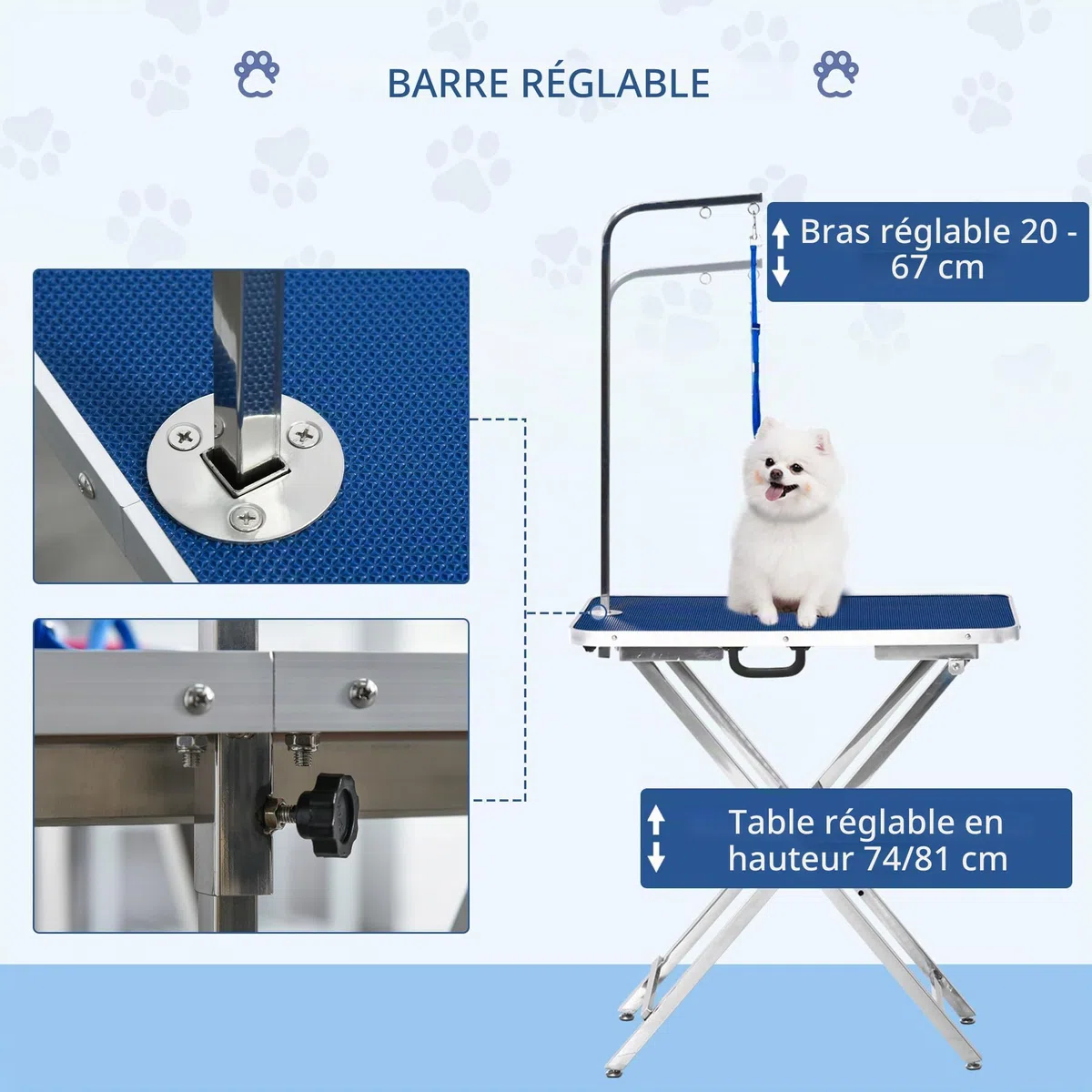 PawHut Table de toilettage Hauteur réglable, plateau antidérapant, pieds pliables en acier inoxydable, poignée et bras ajustables 72x45x74-81 cm Bleu