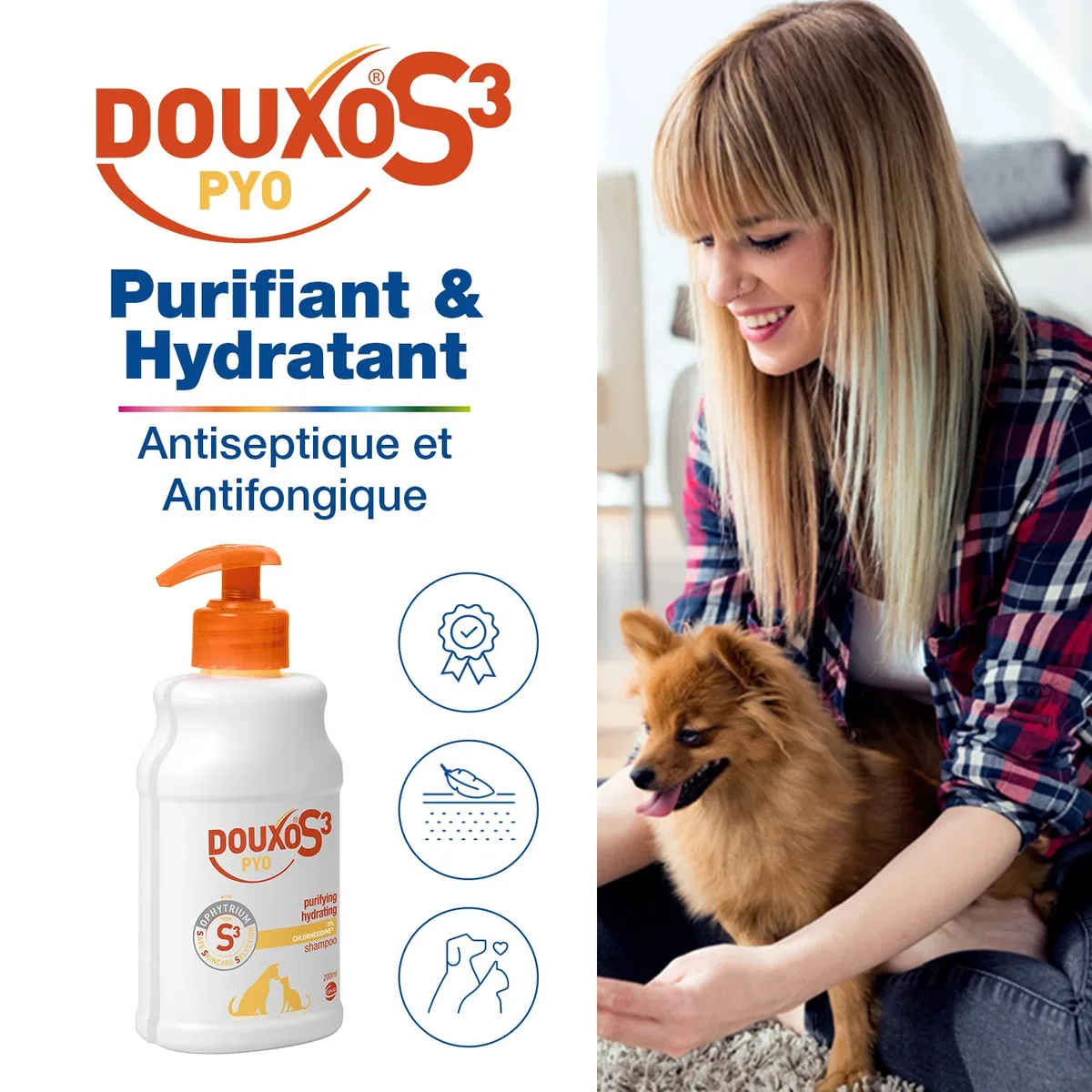 Douxo S3 PYO Shampooing nettoyant, désinfectant et apaisant pour Chiens et Chats avec des irritations, des Boutons ou des croûtes, 500ml