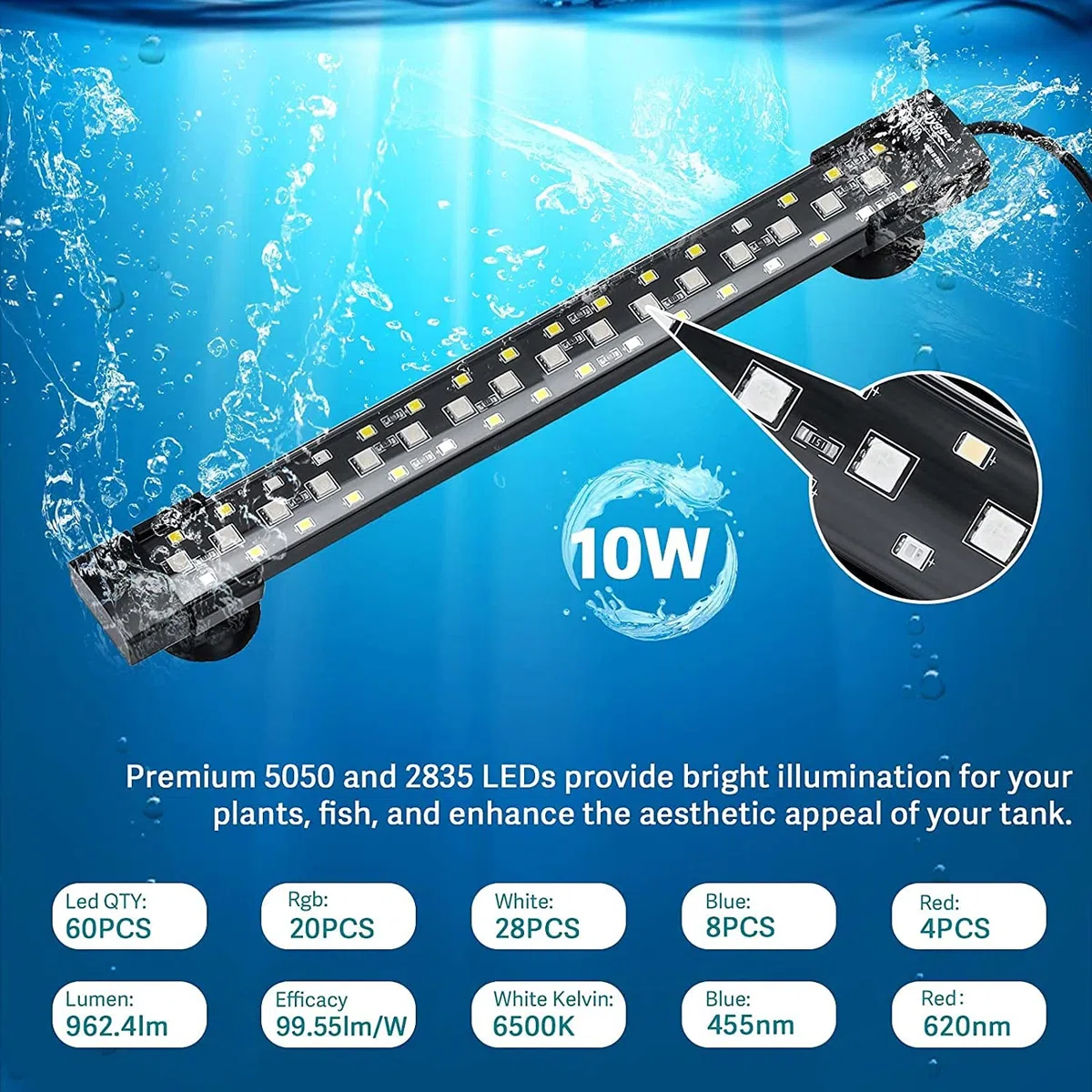 hygger Lumière LED pour Aquarium Sous-marin en Mode 24/7, Lumière de Réservoir de Poisson à Spectre Complet Cachée avec 3 Rangées de Perles, 7 Couleurs, Luminosité Réglable avec Minuterie (10W)