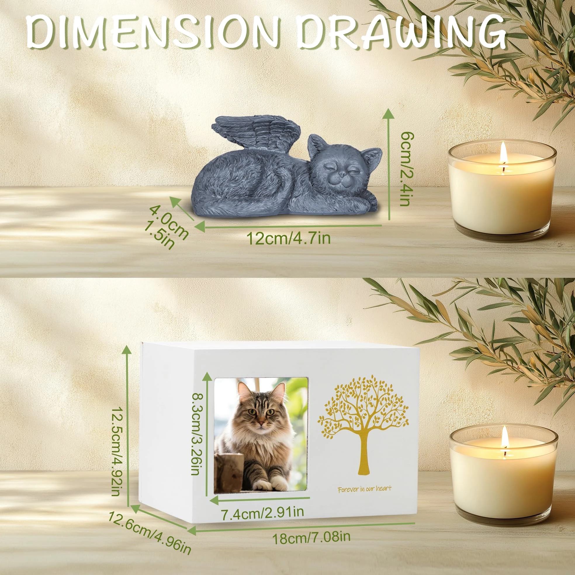 Boîte de crémation pour animaux de compagnie - Urne blanche en bois - Avec statue d'ange de chat en résine et sac