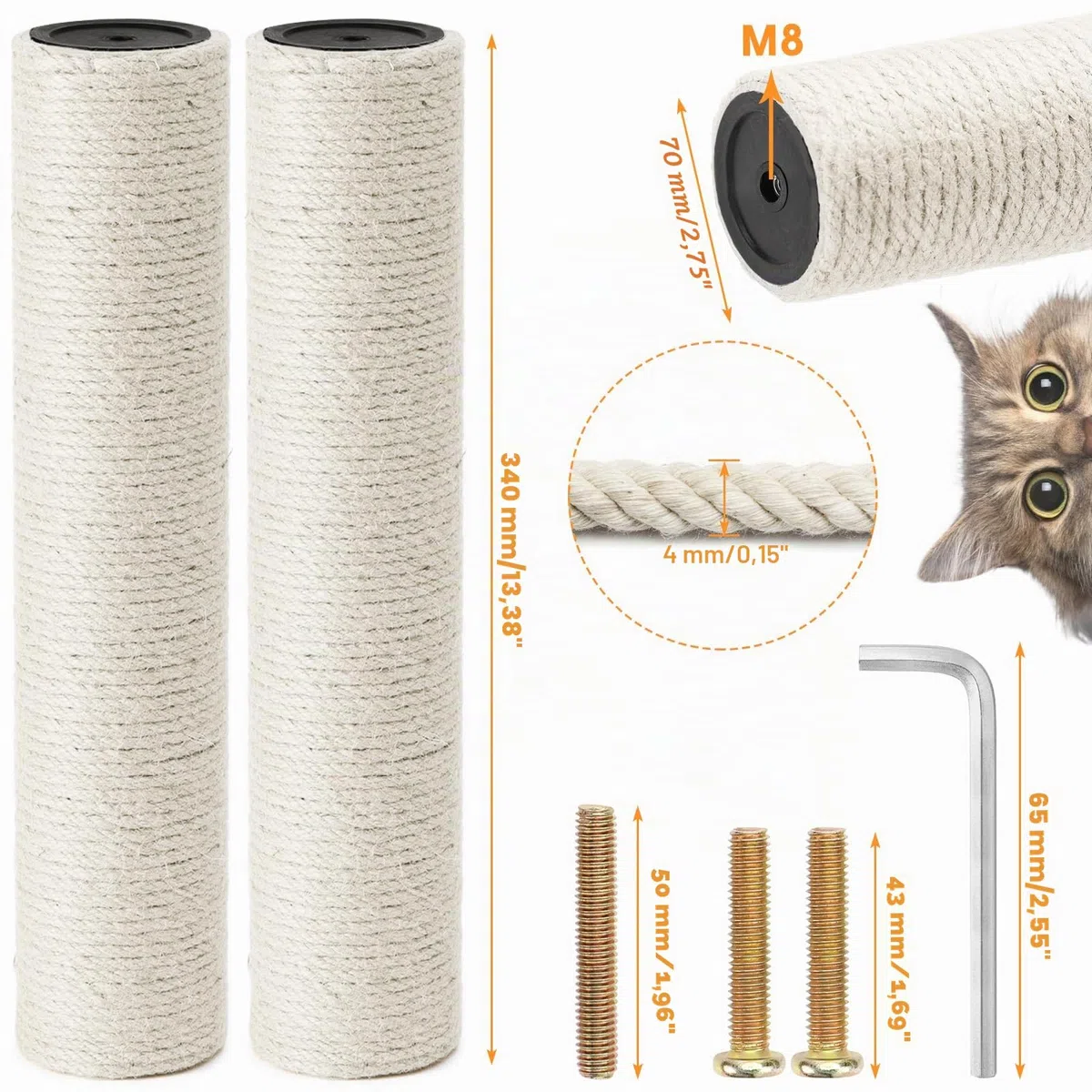 Tronc de rechange pour griffoir en sisal, diamètre 7 x 34 cm, accessoire pour griffoir en sisal, hauteur 70 cm, avec vis M8 et clé anglaise