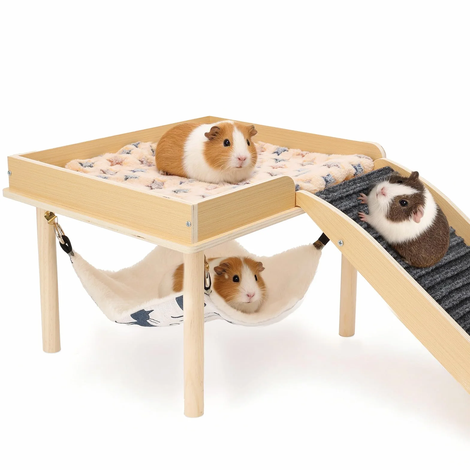 Maison Cochon d'Inde avec Rampe et Hamac, Naturel Cabane Lapin Intérieur, Cachette en Bois Petits Animaux de Compagnie, Hamsters Nains, Chinchilla