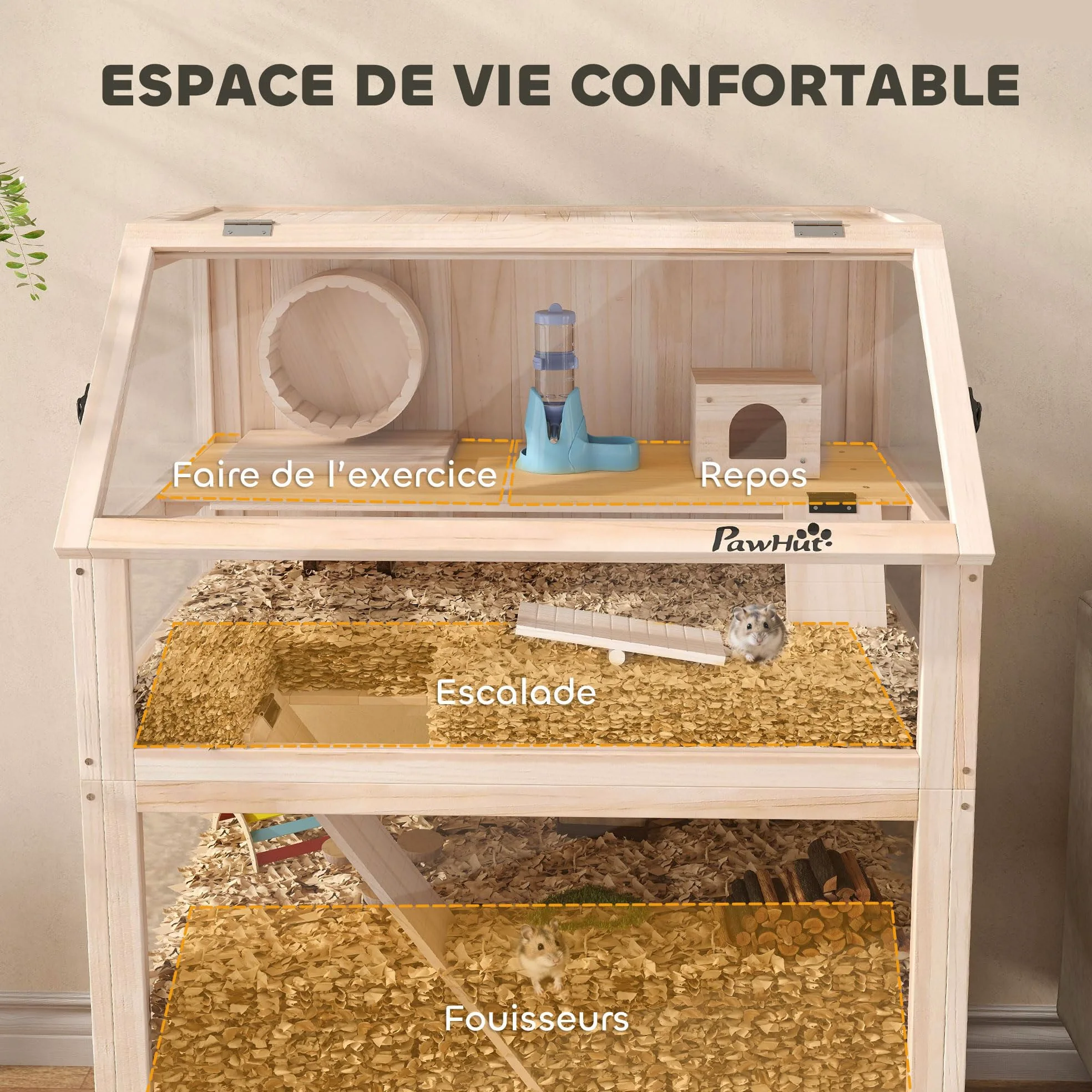 PawHut Cage pour Hamster en Bois XXL - Habitat pour Rongeur 3 étages avec Panneau Acrylique et Roue - Maison Petit Animal de Luxe avec Accessoires et étagère de Rangement, 80x53x117cm, Effet Bois