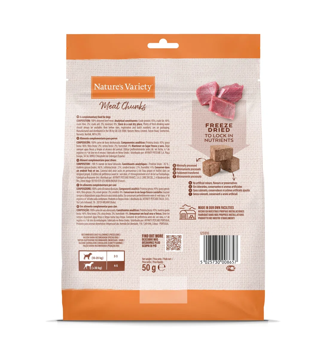 Nature's Variety - Freezed Dried - Cubes de Viande de Bœuf désossée lyophilisées pour Chiens - Boîte de 6 x 50g - Total 300g