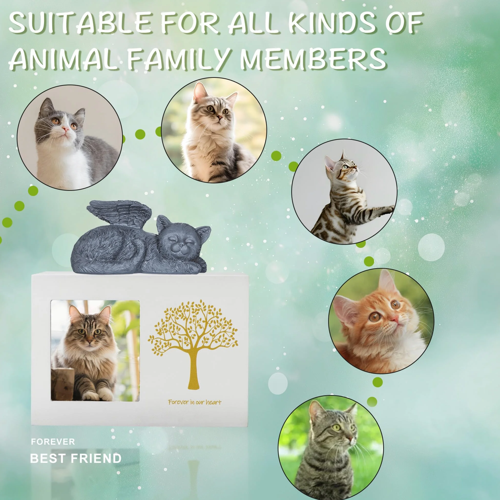 Boîte de crémation pour animaux de compagnie - Urne blanche en bois - Avec statue d'ange de chat en résine et sac