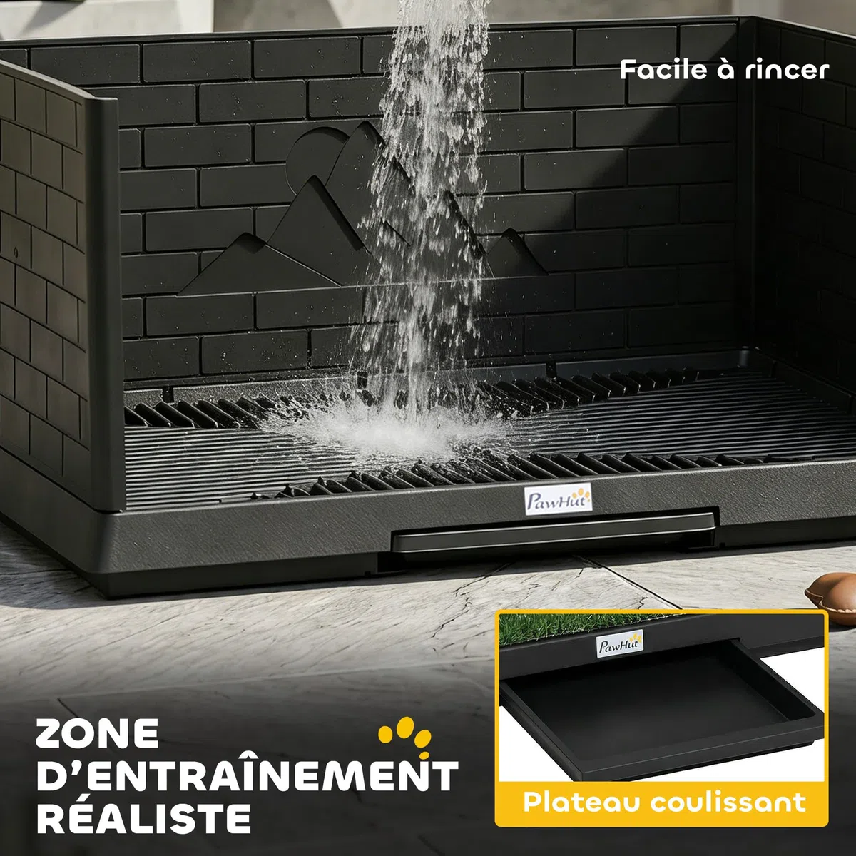 PawHut Toilette pour Chien avec Gazon Artificiel, Parois Hautes et Plateau Coulissant, Bac à Litière pour Chien avec Système de Drainage, 75x51x36,5cm, Noir