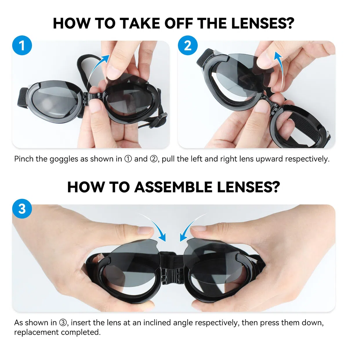 Lesypet Lunettes de soleil pour chien avec verres remplaçables pour chiens de taille moyenne et grande - Anti-UV - Protection contre le vent - Pour l'extérieur, la moto, la conduite, la protection des