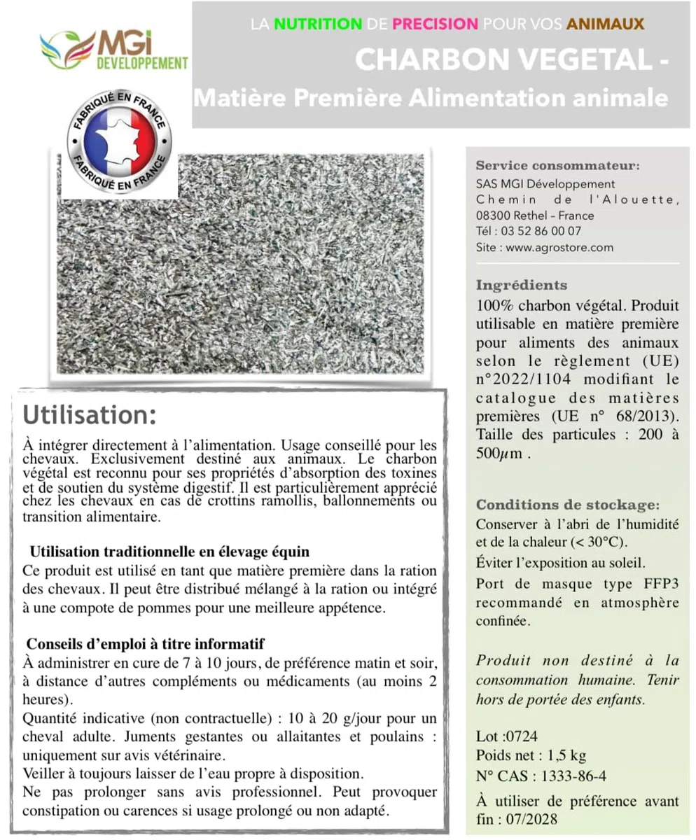 Charbon végétal pour chevaux et autres animaux– Matière première pour l’alimentation animale – 100 % naturel - origine France (1,5kg Granulométrie: 500-2000 Um)