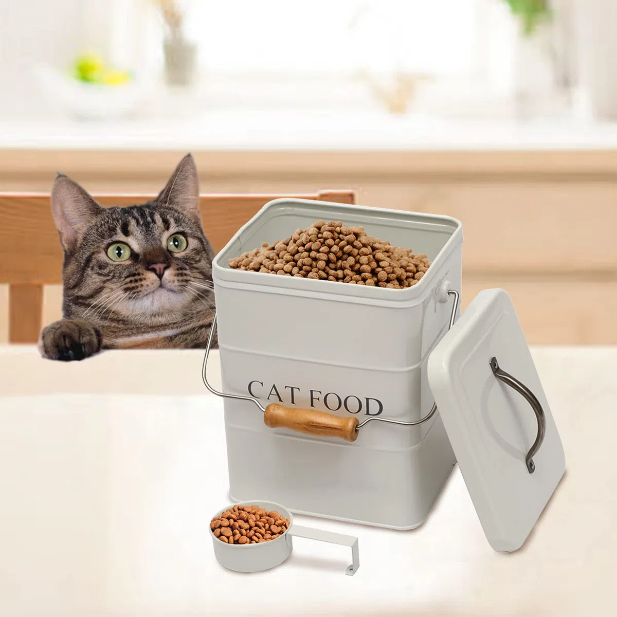 Morezi Boîte de rangement pour aliments pour chat,conteneur croquettes animaux,avec couvercle et pelle, 6L - Blanc