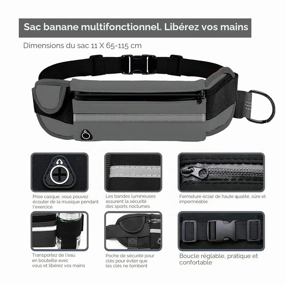 Edipets, Laisse Canicross, Main Libre Chien, pour Ceinture, Running, Anti-tirons, réfléchissant, 160-220 cm (Gris)